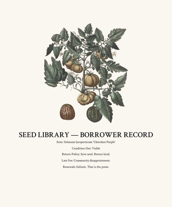 Seed Library Borrower Card Shirt — Solarpunk Botanical Tee, Heirloom G